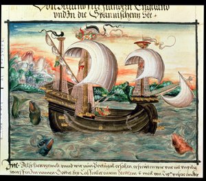 Galeon w pełnym żaglu w drodze do Portugalii, zilustrowany przez rodzinę Color (lub Keller) z Norymbergi (welum) autorstwa German School