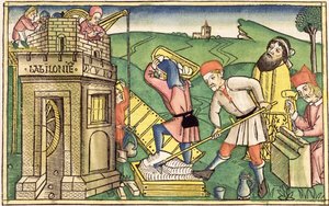 Rodzaju 11 1-9 Budowa wieży Babel, z Biblii Norymberskiej (Biblia Sacra Germanaica) (kolorowy drzeworyt) autorstwa German School