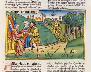 Księga Rodzaju 27 6-29 Jakub otrzymuje błogosławieństwo Izaaka, z Biblii Norymberskiej (Biblia Sacra Germanaica) (kolorowy drzeworyt)