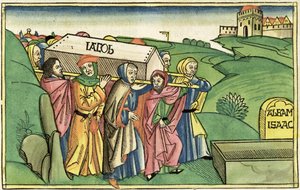 Rodzaju 49:28-33 Pogrzeb Jakuba, z Biblii Norymberskiej (Biblia Sacra Germanaica) (kolorowy drzeworyt) autorstwa German School