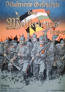 Wojska niemieckie i austro-węgierskie idą ramię w ramię, okładka Księgi Ilustrowanej Wojny Światowej 1914-15 autorstwa German School