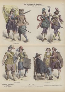 Niemieckie stroje wojskowe i burżuazyjne, początek XVII w. (kolorowa grawerunek) autorstwa German School