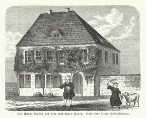 Niemiecki filozof i dramaturg Gotthold Ephraim Lessing przed domem ojca w Kamenz jako chłopiec (grafika) autorstwa German School