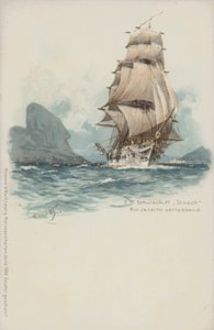 Niemiecki statek szkolny Stosch opuszcza Rio de Janeiro, Brazylia (chromolitho) autorstwa German School