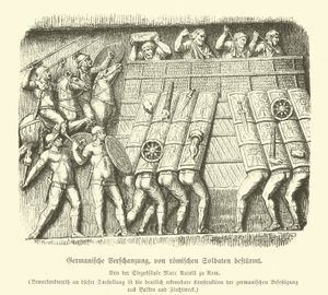 Germańskie fortyfikacje atakowane przez rzymskich żołnierzy (rycina) autorstwa German School
