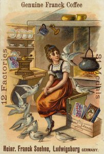 Dziewczyna z gołębiami, reklamująca oryginalną kawę Franck autorstwa German School