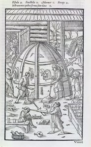 Huta szkła, ilustracja przedstawiająca piec marmurowy i dmuchawy szkła (drzeworyt) autorstwa German School