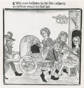 Sokolnik z naleśników i precli, podczas soboru w Konstancji w 1417 r., według inkunabułu, ok. 1485 (pióro i atrament na papierze) autorstwa German School