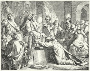 Henryk Lew, książę Saksonii, poddający się Fryderykowi Barbarossie w Erfurcie autorstwa German School