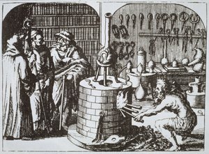Filozofowie hermetyczni i alchemik z Muzeum Hermeticum Michaela Majera (1625) zilustrowane w historii magii wydanej pod koniec XIX wieku autorstwa German School