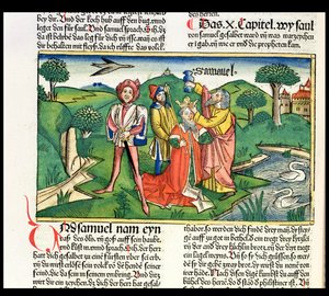 I Samuela 10 Koronacja i namaszczenie Saula, z Biblii Norymberskiej (Biblia Sacra Germanica) (kolorowy drzeworyt)