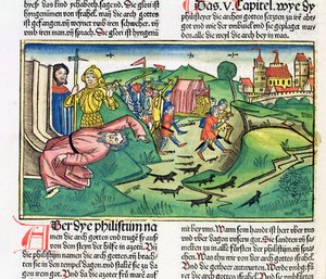 1 Samuela 5:1-11 Filistyni chwytają Arkę i zostają dotknięci przez zarazę, z Biblii Norymberskiej (Biblia Sacra Germanaica) (kolorowy drzeworyt)