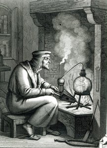 Ilustracja z Goethes Faust przedstawiająca Mefistofelesa tworzącego homunkulusa, 1854 autorstwa German School