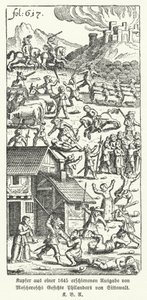 Ilustracja z wydania satyrycznego niemieckiego pisarza Johanna Michaela Moscheroscha z 1645 r. Cudowne i prawdziwe wizje Philandera von Sittewalda (lito) autorstwa German School