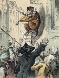 Ilustracja do bajek Franza Hoffmanna „Bajki i bajki – małpa i skrzypce””: małpa grająca na skrzypcach przed tłumem. Chromolitografia XIX wieku. autorstwa German School