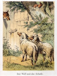 Ilustracja do bajek Franza Hoffmanna „Opowieści i bajki – wilk i owca””: wilk rozmawiający z dwiema owcami. Chromolitografia XIX wieku. autorstwa German School