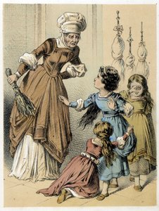 Ilustracja do bajek Franza Hoffmanna „” Tales et Fables – Les 3 Gifts””: kobieta znęcała się nad trzema dziewczynami. Chromolitografia XIX wieku. autorstwa German School