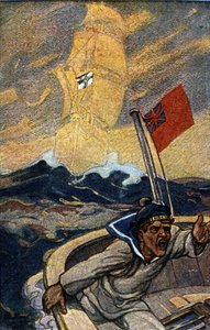 Ilustracja przedstawiająca propagandę niemiecką z magazynu Jugend podczas I wojny światowej. Angielski marynarz jest terroryzowany przez pojawienie się statku widmo pływającego pod banderą Rzeszy. autorstwa German School