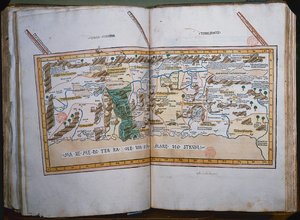 Inc. 425 Mapa Ziemi Świętej, oparta na opisach i współrzędnych podanych w Cosmographica, przez Ptolemeusza (Klaudiusza Ptolemeusza z Aleksandrii) (ok. 90-168 AD) opublikowana w Ulm, Niemcy, przez Johanna Regera fo