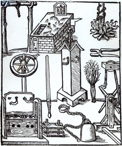 Narzędzia egzekucji, karania i tortur, ilustracja z Bamberger Halsgericht, 1507 r. autorstwa German School
