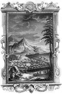 Jakub Wierny Pasterz, chroniący swoje stado owiec przed atakiem wilków, 1731 r. (miedzioryt) autorstwa German School