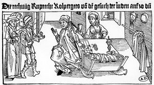 Żydowski lichwiarz z rodziną przyjmujący klientów, 1491 (drewno) autorstwa German School