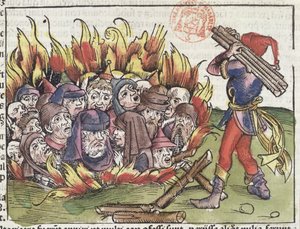 Żydzi spaleni na stosie, z Kroniki norymberskiej Hartmanna Schedla (1440-1514), 1493 (kolorowy drzeworyt) autorstwa German School