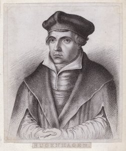 Johannes Bugenhagen (Doktor Pomeranus), niemiecki ksiądz i teolog, który wprowadza reformację protestancką na Pomorze i w Danii (ryty) autorstwa German School