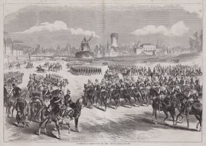 Kaiser Wilhelm I z Niemiec obserwujący paradę wojskową w Longchamp, Paryż, Francja, marzec 1871 (rycina) autorstwa German School
