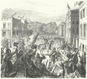 Król pruski Fryderyk Wilhelm IV przejeżdża obok Uniwersytetu Berlińskiego w drodze na masowy pogrzeb cywilów poległych w zamieszkach, 21 marca 1848 (rycina) autorstwa German School