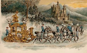 Król Ludwik II Bawarski podróżujący do zamku Neuschwanstein w złotych saniach (chromolitografia) autorstwa German School