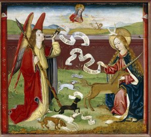 Zwiastowanie, Mistyczne polowanie na jednorożca. Archanioł Gabriel dmucha w róg boskie przesłanie Dziewicy Maryi, która przyjmuje gołębicę Ducha Świętego (Ducha Świętego), podczas gdy jednorożec jest autorstwa German School