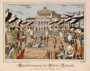Wmurowanie kamienia węgielnego pod pomnik Schillera na Gendarmenmarkt w Berlinie, 10 listopada 1859, na tle Schauspielhaus, z Neuruppiner Bilderbogen, wyd. Oehmigle & Ri autorstwa German School