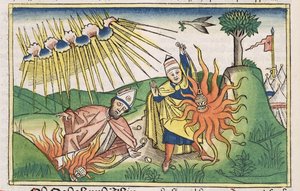Księga Kapłańska 10 1-2 Nadab i Abihu ofiarowują bezbożny ogień i umierają, z Biblii Norymberskiej (Biblia Sacra Germanaica) (kolorowy drzeworyt) autorstwa German School