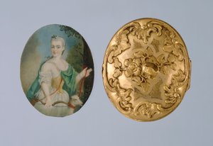 Medalion z miniaturą Wilhelminy jako Diany, połowa XVIII w. (złocony mosiądz, kość słoniowa i szkło)