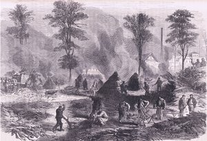 Wykonywanie węgla drzewnego na proch strzelniczy, Cassells History of the War between France and Germany opublikowany przez Cassell and Company Limited, c.1890 (lito) autorstwa German School