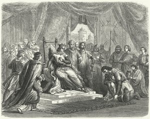 Malcolm IV ze Szkocji oddający hołd Henrykowi II Anglii w Chester autorstwa German School