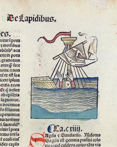 Mężczyzna schodzący w rozbitej łodzi, ilustracja z Hortus Sanitatis, 1491 (kolorowy drzeworyt) autorstwa German School