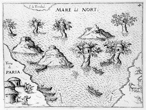 Mapa wybrzeża Gujany, ilustracja z Regni Guianae autorstwa G. Raleigh