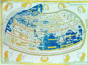 Mapa świata, oparta na opisach i współrzędnych podanych w "Geographia", przez Ptolemeusza (Klaudiusza Ptolemeusza z Aleksandrii) (ok. 90-168 AD), opublikowana w Ulm, Niemcy autorstwa German School