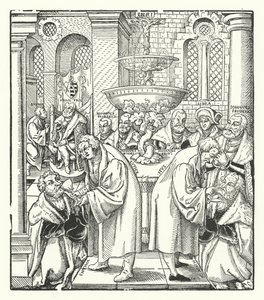 Marcin Luter i Jan Hus udzielający Komunii Świętej saskiej rodzinie królewskiej (rycina) autorstwa German School