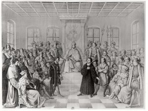 Marcin Luter przed Karolem V (1500-58) na sejmie w Wormacji, 16 kwietnia 1521, z „Historii Niemiec” autorstwa German School