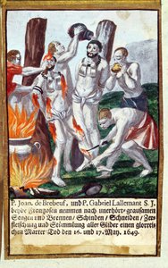 Męczeństwo Jeana de Brebeuf i Gabriela Lalemanta przez Irokezów, w Nouvelle-France 1649, z Martyrologium jezuitów, 1688 autorstwa German School