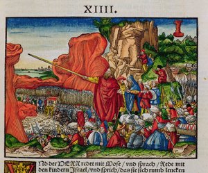 Mojżesz przechodzący przez Morze Czerwone, z Biblii Lutra, ok. 1530 (kolorowy drzeworyt) autorstwa German School