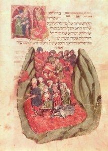 Mojżesz prowadzi Dzieci Izraela przez Morze Czerwone z żydowskiego modlitewnika, Hamburg, 1427 (rękopis) autorstwa German School