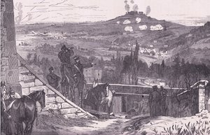 Góra Valerien podczas oblężenia, Cassells History of the War między Francją a Niemcami, wydana przez Cassell and Company Limited, c.1890 (lito) autorstwa German School