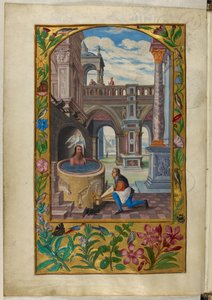 Ms Harley 3469, f.21v Mężczyzna kąpiący się na dziedzińcu, siódma przypowieść z „Splendor Solis” Salomona Trismosina autorstwa German School