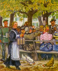 Munchener Sommerkeller / Monachijska Piwnica Letnia (kolorowa litografia) autorstwa German School