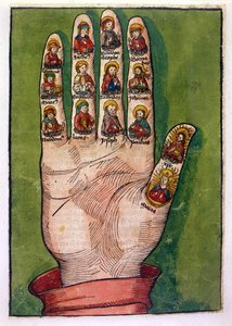 Mistyczna ręka Brygidy Szwedzkiej przedstawiająca Chrystusa, Matkę Boską, apostołów i innych, 1491 (rycina ręcznie kolorowana) autorstwa German School