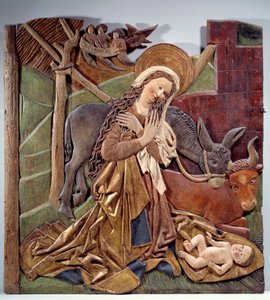 Płaskorzeźba szopka po wewnętrznej stronie ołtarza z polichromowanego drewna szkoły niemieckiej. 1510 wym. 1,12x1,11 m Paryż, Musee du Louvre autorstwa German School